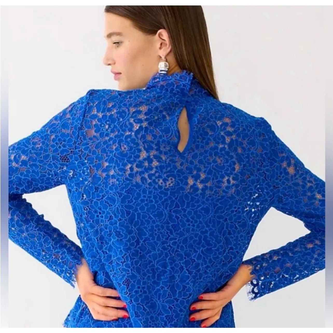 J. Crew Lace Top Long Sleeve Blue size 8 scalloped mock neck New - Image 10