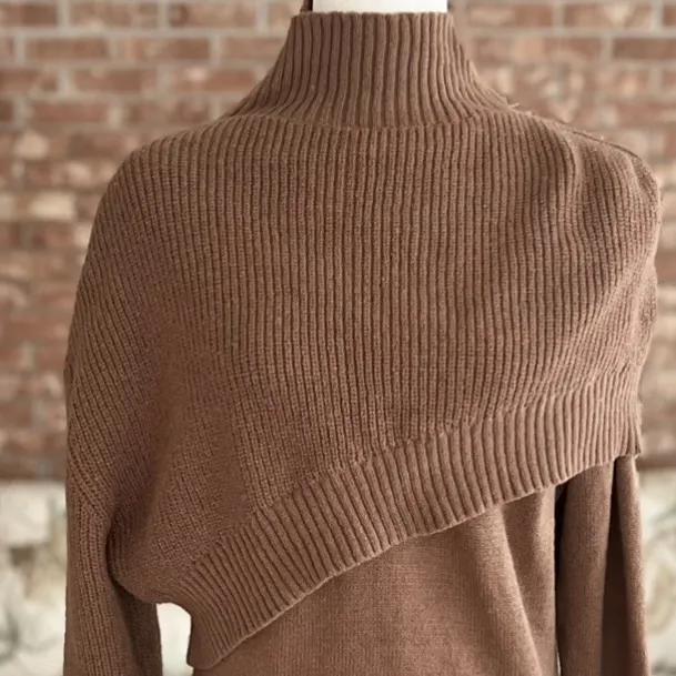 Shein Sweater Turtleneck Foldover Balloon Sleeve Brown L Cozy not for sale - Image 3