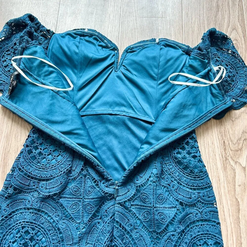 Lulu's Bellissimo Teal Blue Lace Off-the-Shoulder Bodycon Dress Size M - Image 11