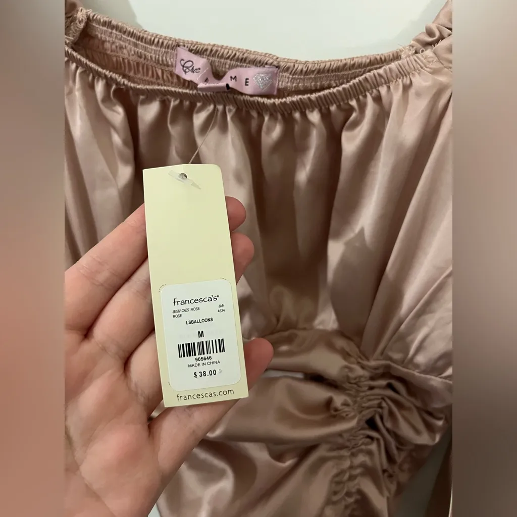 Francescas NWT RoseSatin Balloon Puff Sleeve Ruched Top Sz M Y2K SoftGirl Whimsy Pink Size M - Image 15