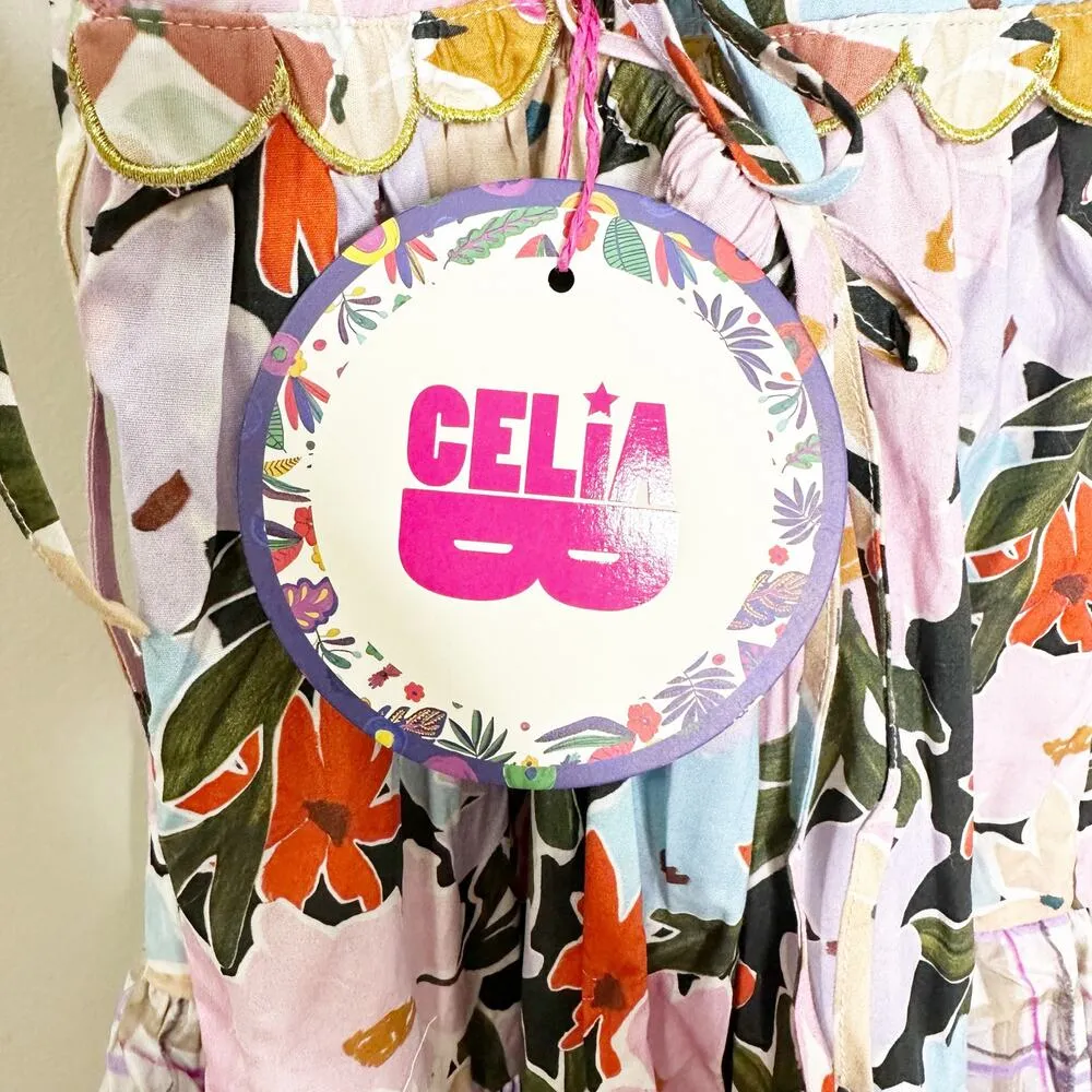 CELIAB Kaira Floral Plaid Ruffle Lace Up Back Midi Dress Small NEW $538 Green - Image 8