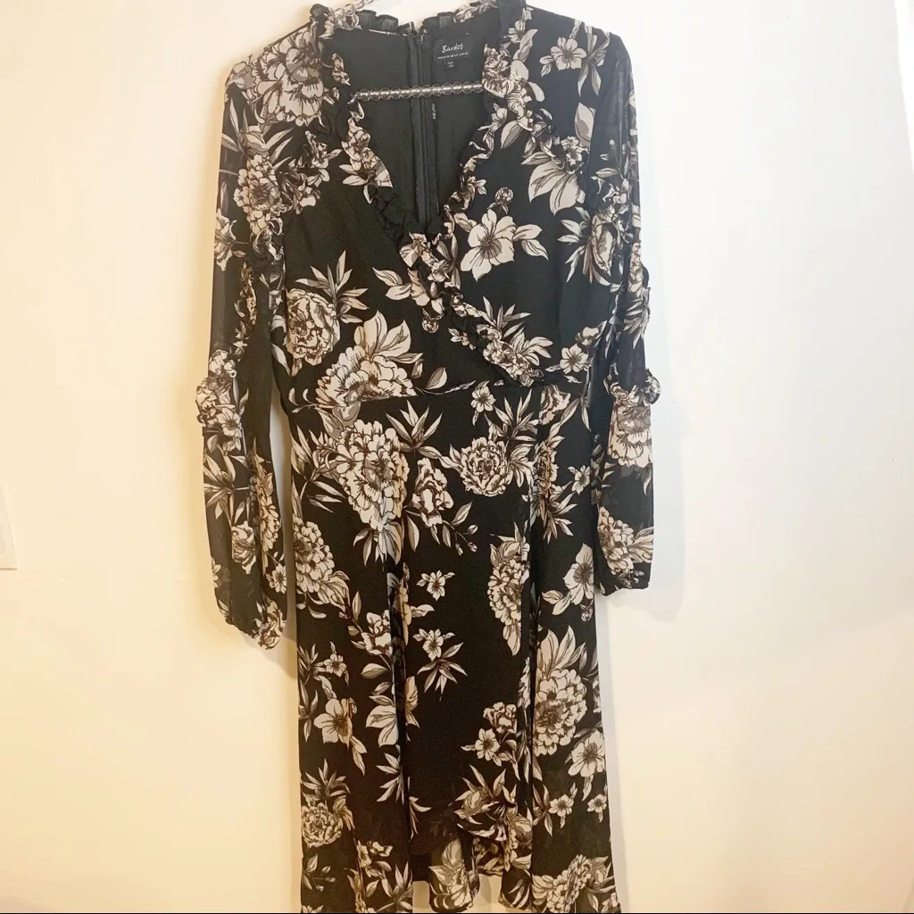 Bardot Size‎ 6 Black Tan Floral Romantic Long Bubble Sleeve Wrap Dress - Image 2