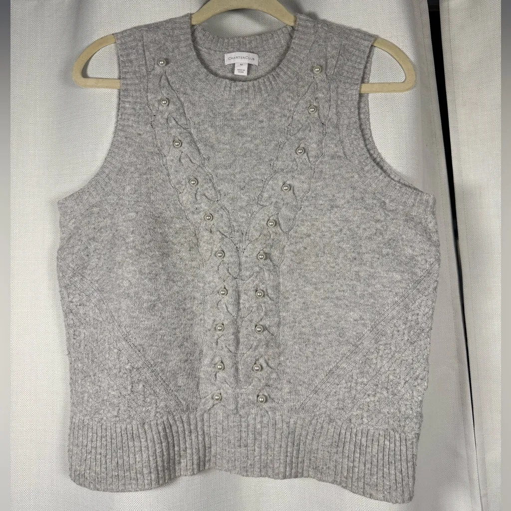 Charter Club Grey Knit Pearl Sleeveless Sweater Vest Medium - Image 7