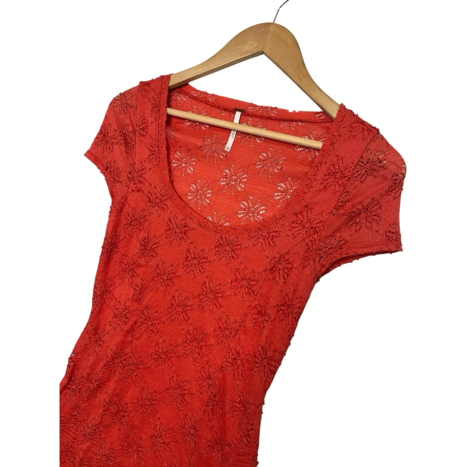 Free People Dress Womens Extra Small Orange Floral Lace Overlay Fit Flare Boho - Image 5