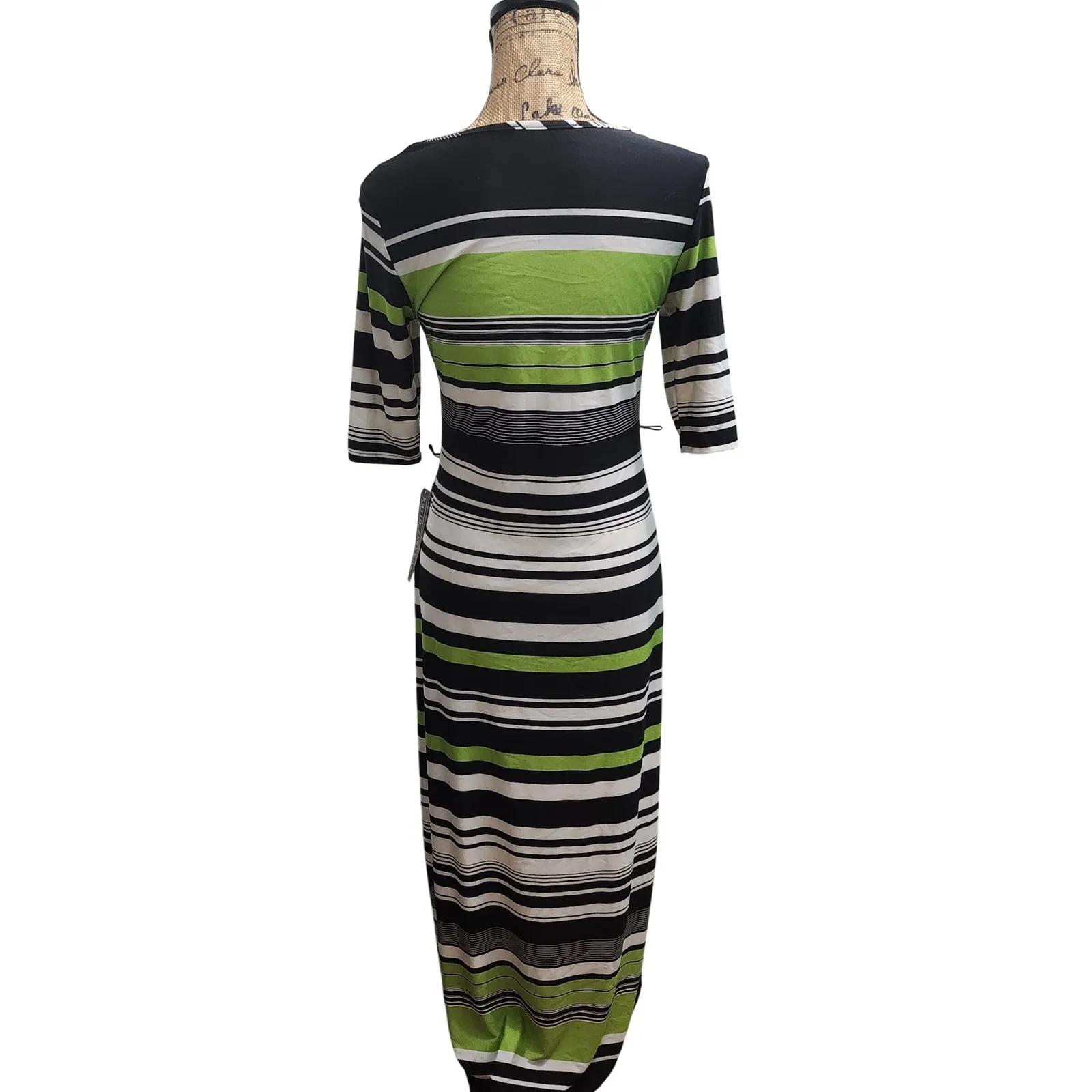 Karin Stevens Women's Black Lime Green Striped Maxi Dress V-Neck 3/4 Sleeve M - Image 4