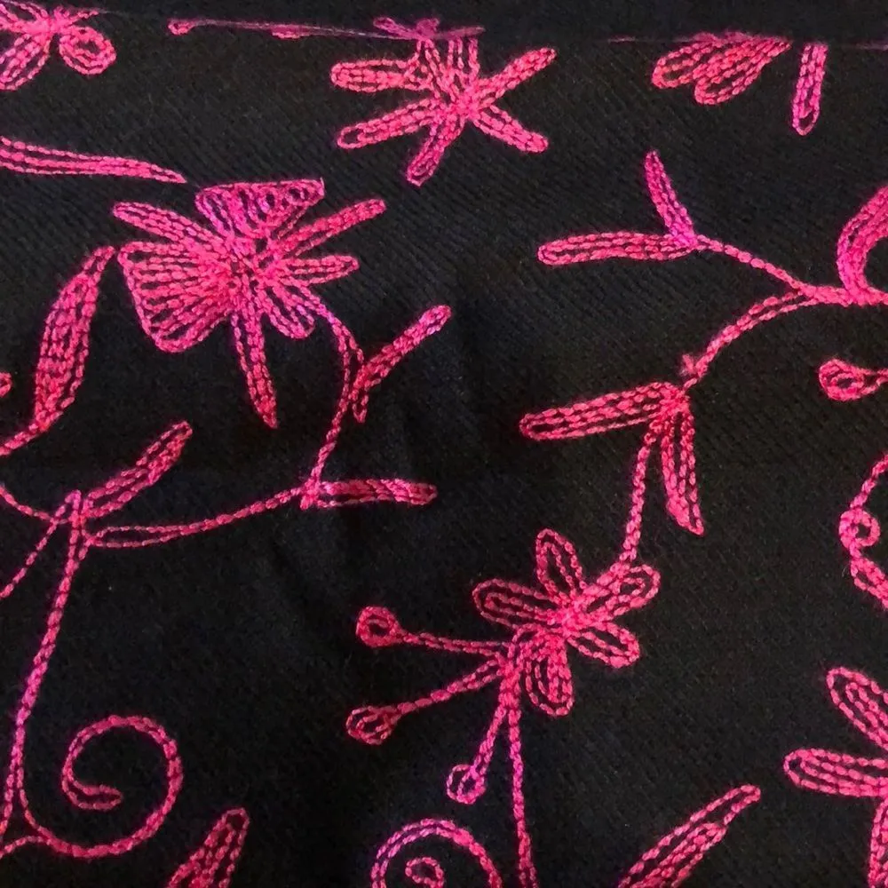 Wide Black Scarf Pink Embroidery Fringed Ends - Image 11