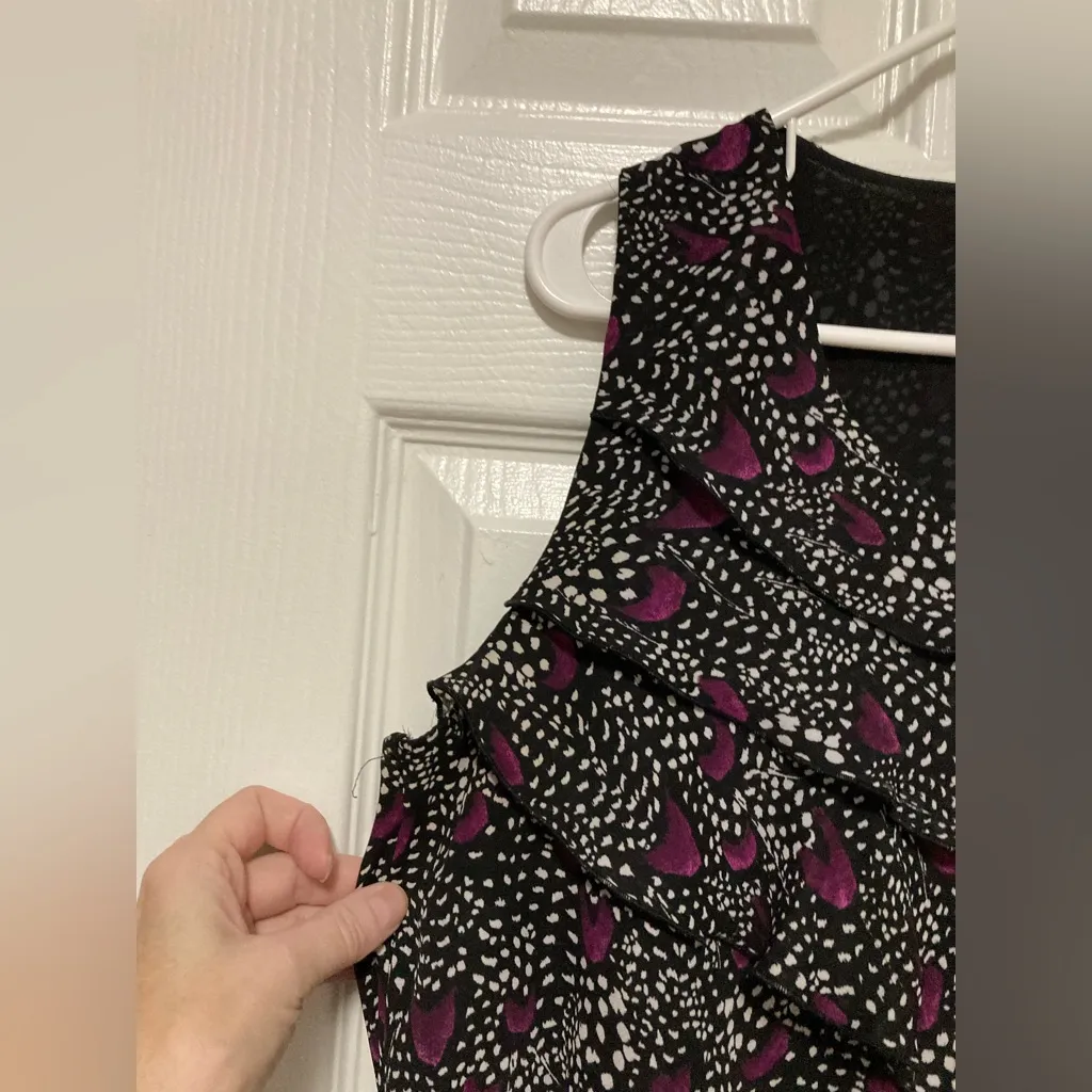 White House Black Market Black Purple Polka Dot Ruffle Sleeveless Blouse - Image 5