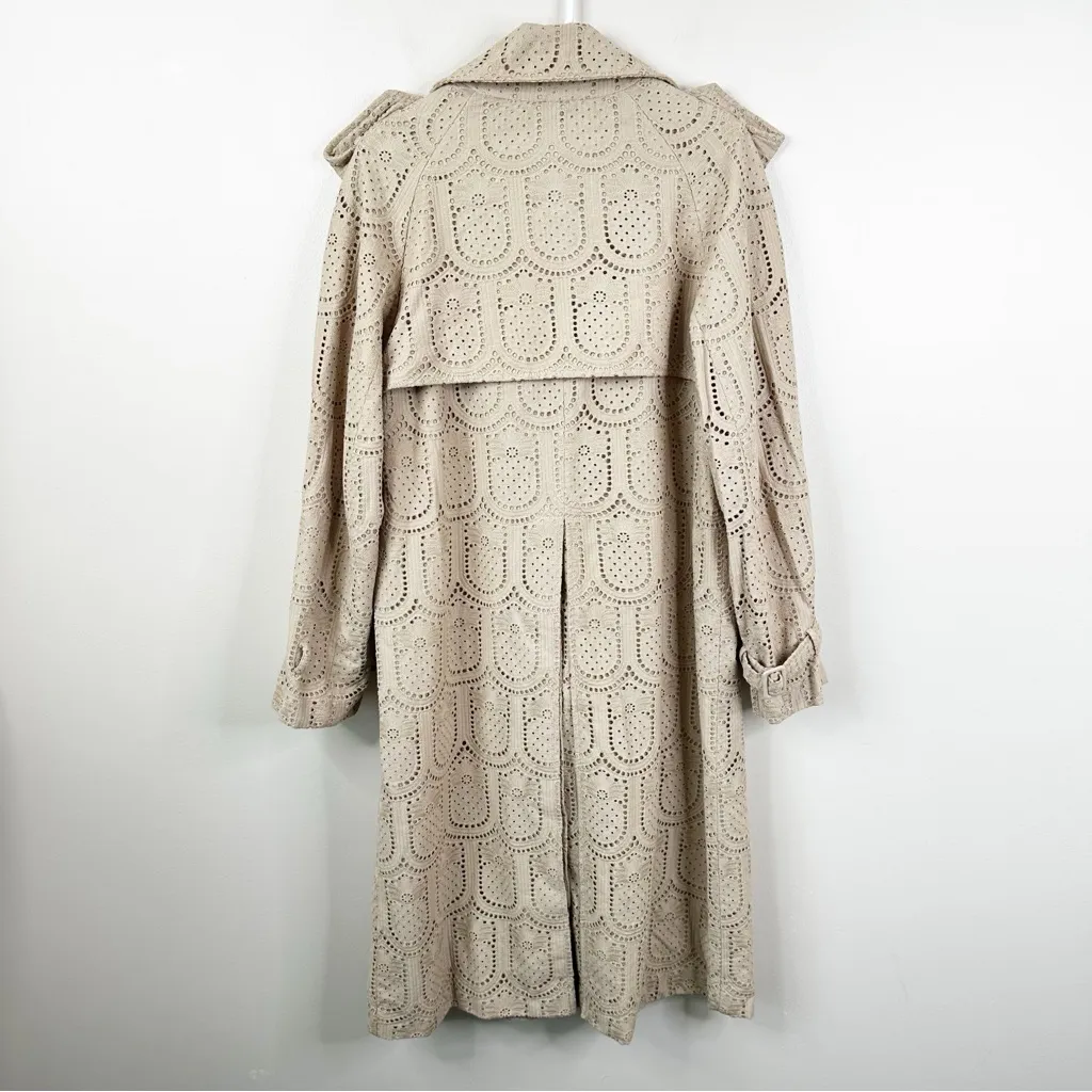 Farm Rio Pineapple Eyelet Trench Coat Womens XS Tan Khaki Cotton Button Front - Image 5