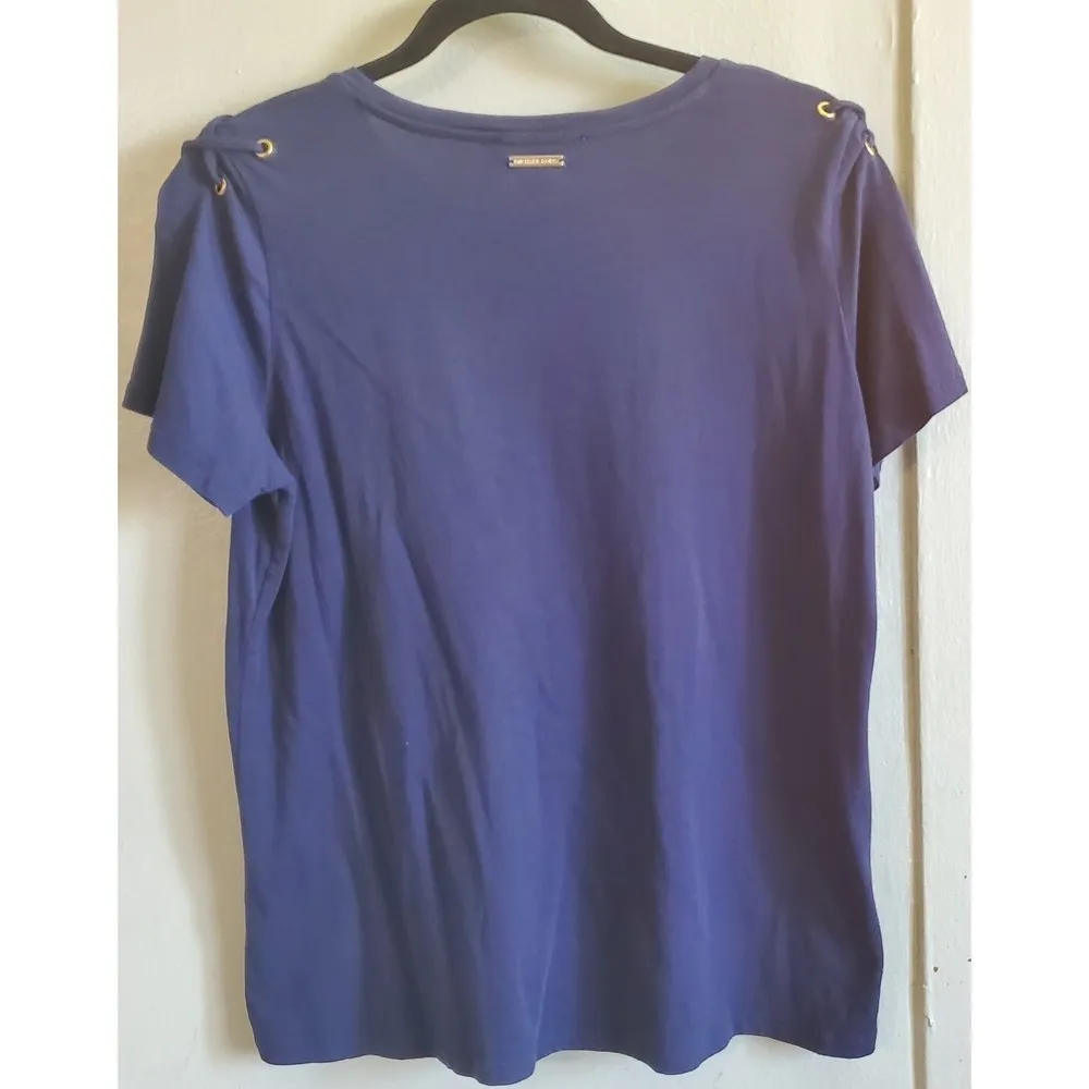 𝅺Michael Kors Grommets Lace-up Short Sleeve Navy Blue Knit Top size L - Image 3