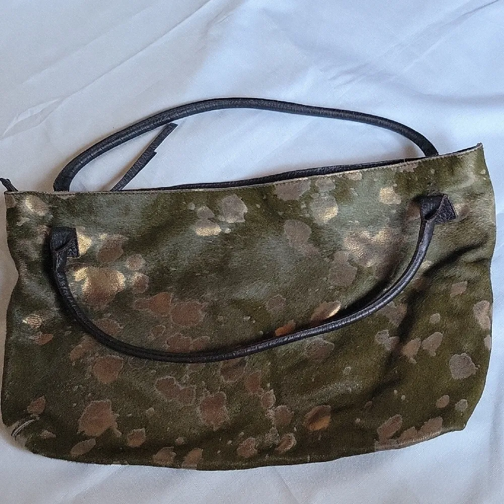 MAURIZIO TAIUTI Made Italy Calf Hair Leather Shoulder Bag Green and Brown Gold - Image 11