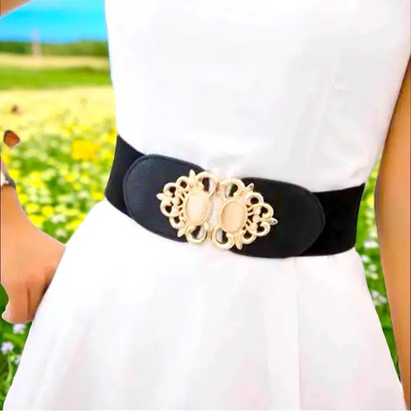 Golden Double Buckle‎ Black Waspie Belt Stretchy Elastic Accentuating Waist Band - Image 2