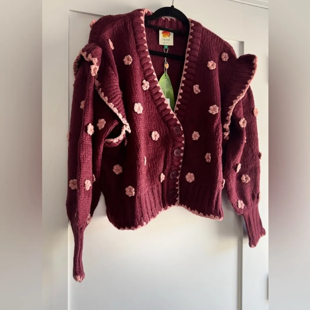 Farm Rio NWT Burgundy Crochet Womens Floral Knit Cardigan Size Small Boho Chic - Image 4