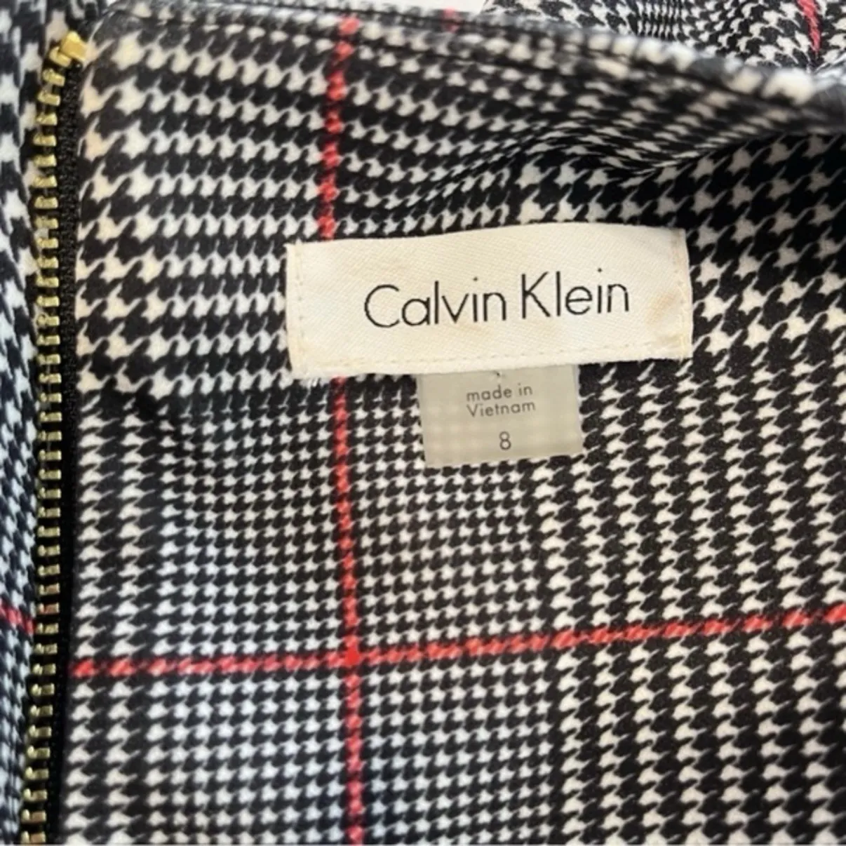 Calvin Klein Black White Houndstooth Plaid Bell Sleeve Crepe Sheath Dress Size 8 - Image 11