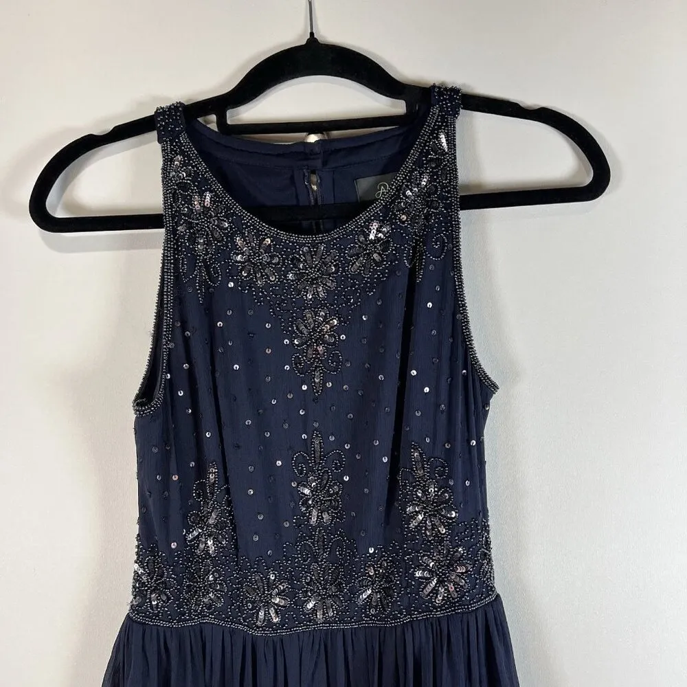 Adrianna Papell Sequin Embroidered Beaded Empire Gown Blue Sz 4  Elegant Evening - Image 5