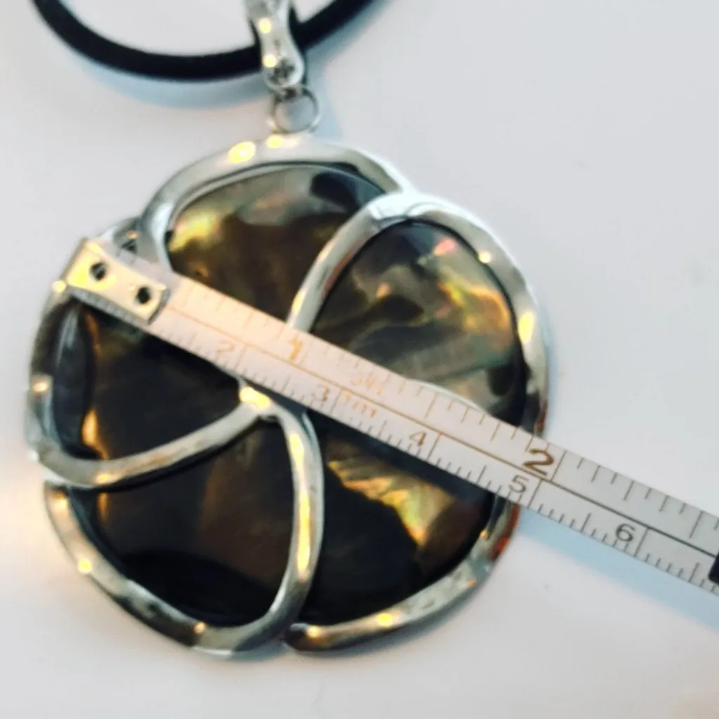 Rose Pendant Necklace Large Mother Of Pearl Flower 2 Inch Black Cord 925 Silver Size 16 - Image 2