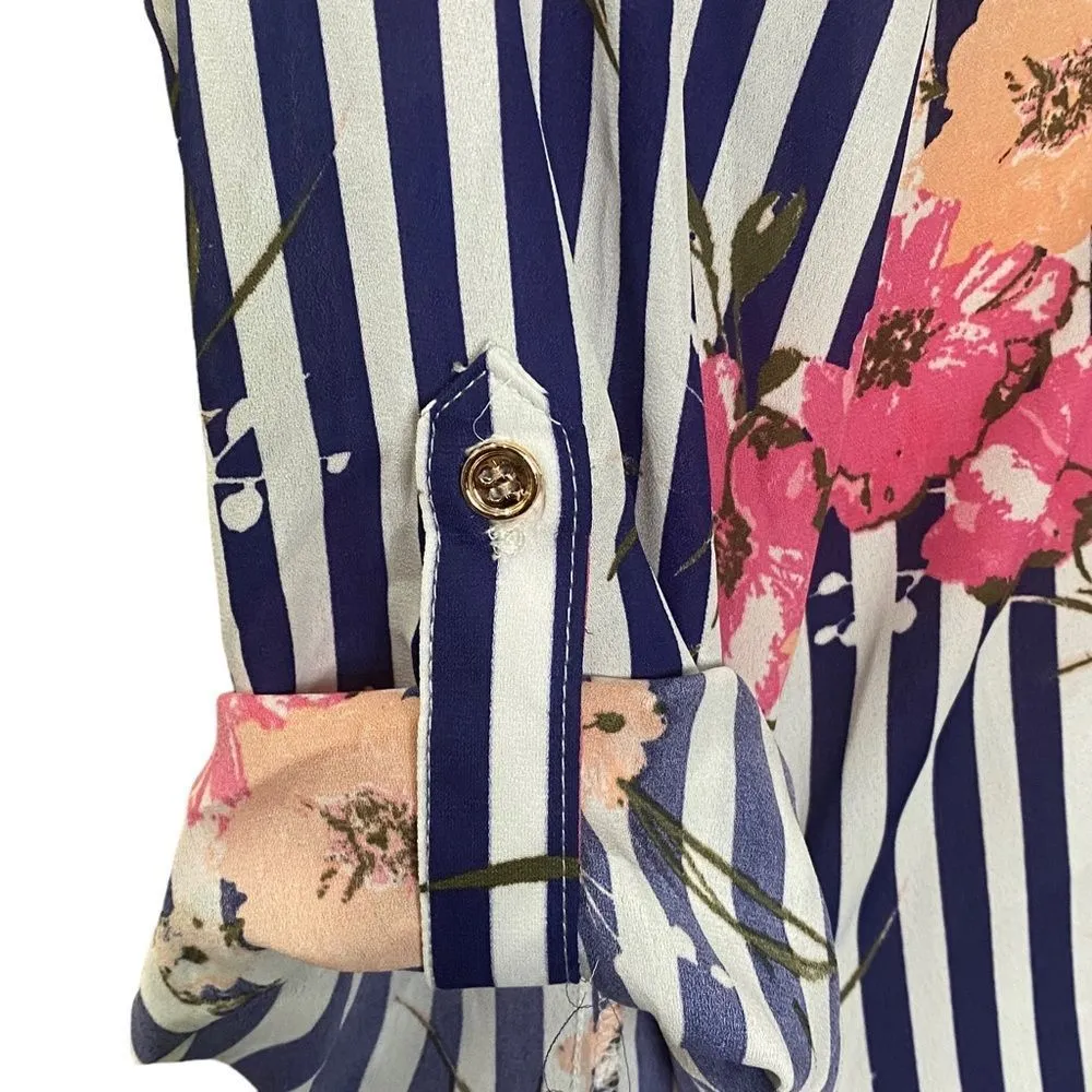Wishful Park Striped Floral Blouse Gold Trim Roll Tab Long Sleeves - Image 6
