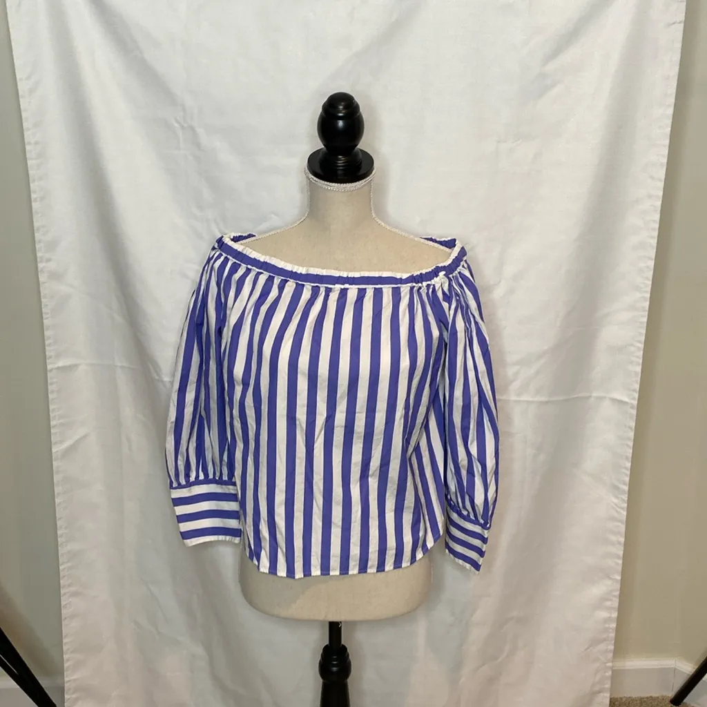 88 Thomas Mason X J. Crew Off Shoulder Stripes Blue Blouse Cottagecore Romantic - Image 2