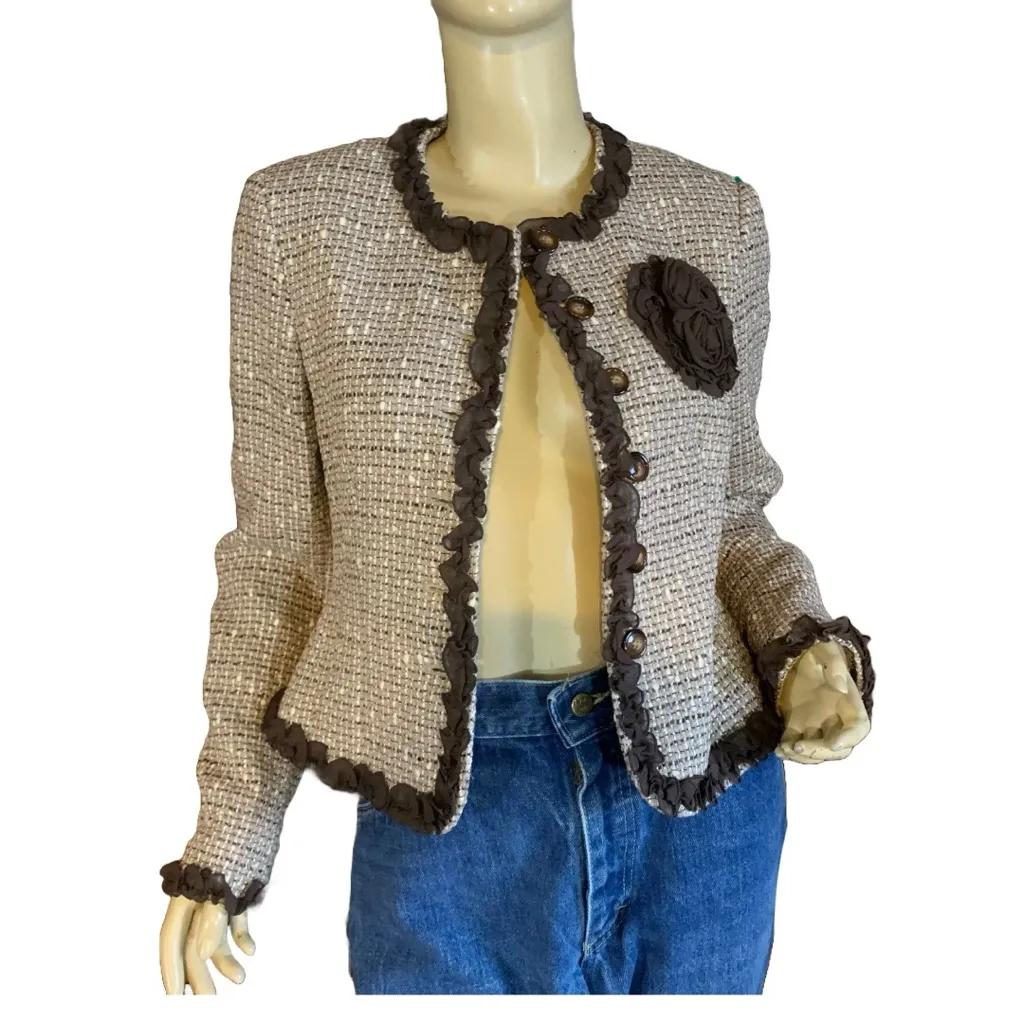 ANNE KLEIN BROWN & BEIGE TWEED W/CHIFFON TRIM WOOL BLEND BLAZER (4) - Image 4