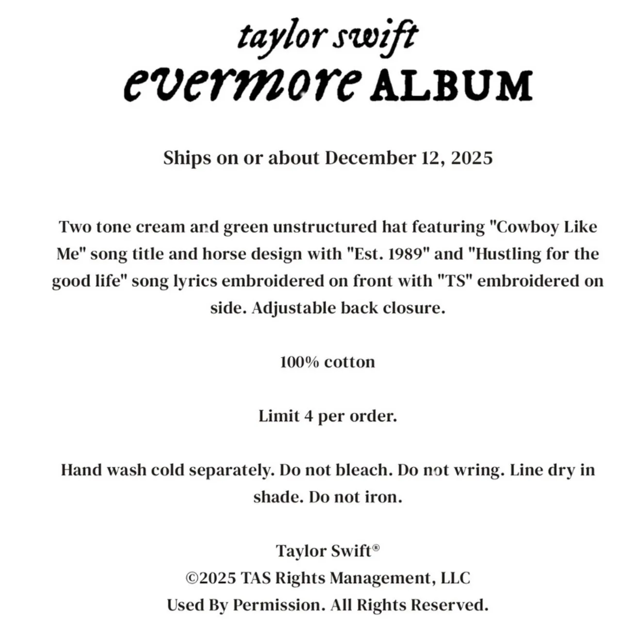 NWT Taylor Swift Cowboy Like Me Cream Green Embroidered Baseball Cap - Image 3