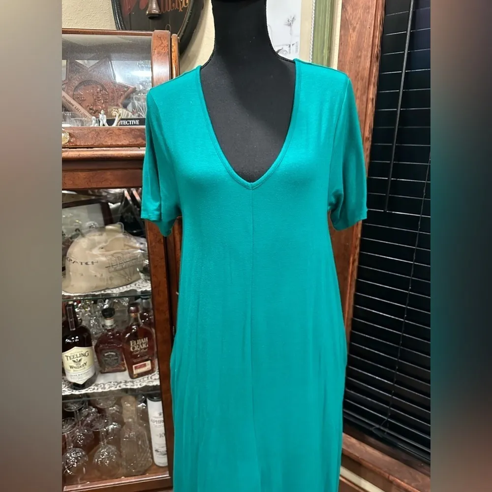 EUC ZENANA PREMIUM TEAL LONG MAXI DRESS W SIDE POCKETS AND V NECK - Image 6