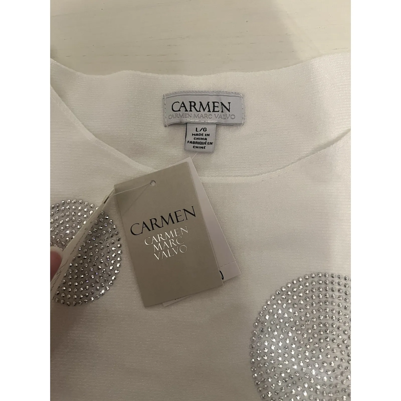 Carmen Marc Valvo Sz L Ivory Sweater‎ Jeweled Scoop Neck NWT Bling Beaded - Image 2