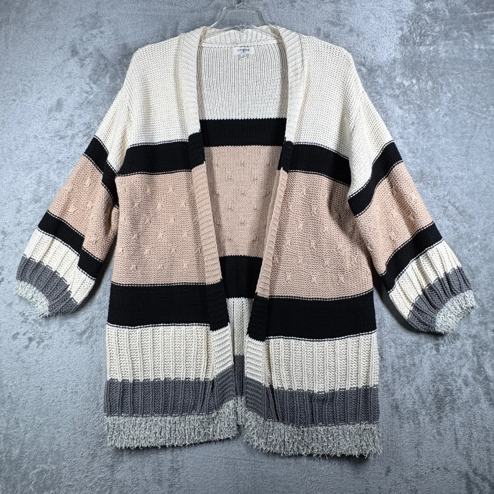 Umgee Cardigan‎ Sweater Women Striped Knit Open Front Cream Gray Neutral Medium - Image 2