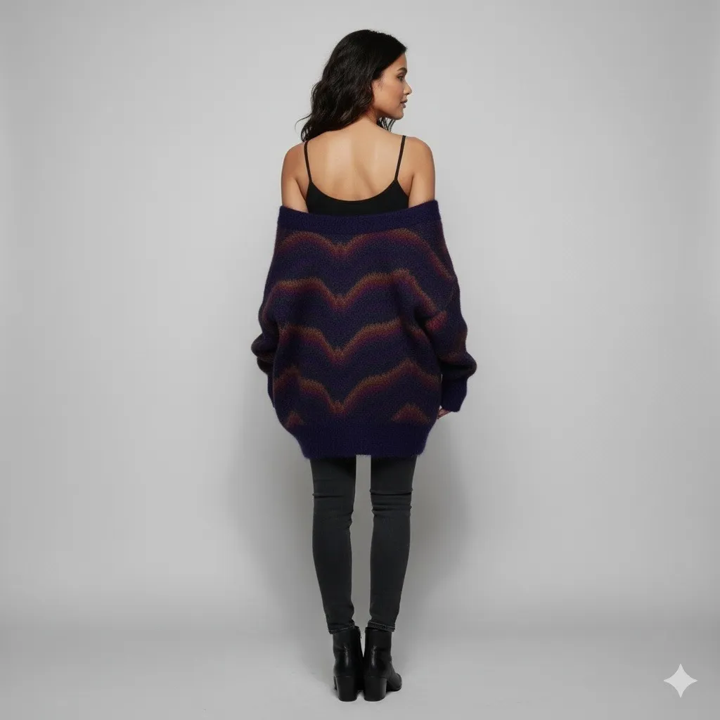 Vintage Collections by Michelle Stuart 80s Mohair Blend Cardigan Chevron M Purple Size M - Image 2