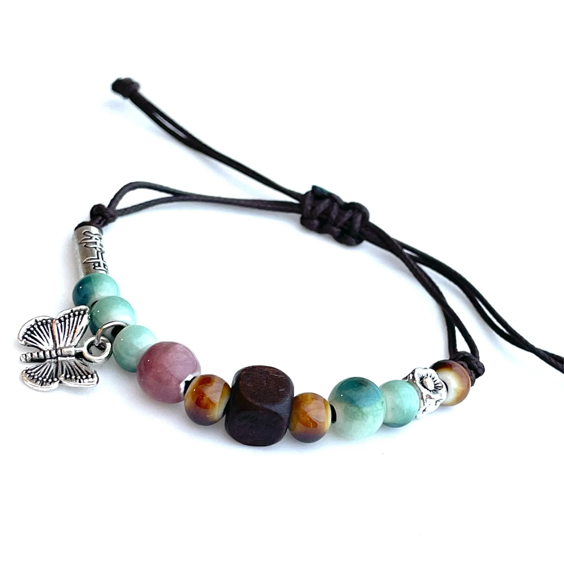 Bracelet Silver Butterfly teal pink wood Ceramic Beads Boho Brown Cord Multiple - Image 4