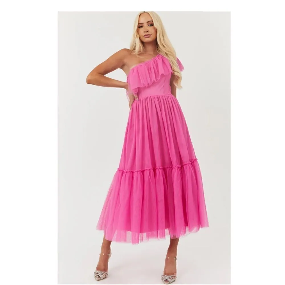 Flying Tomato Rich Pink One Shoulder Tiered Tulle Maxy Dress EUC - Image 2