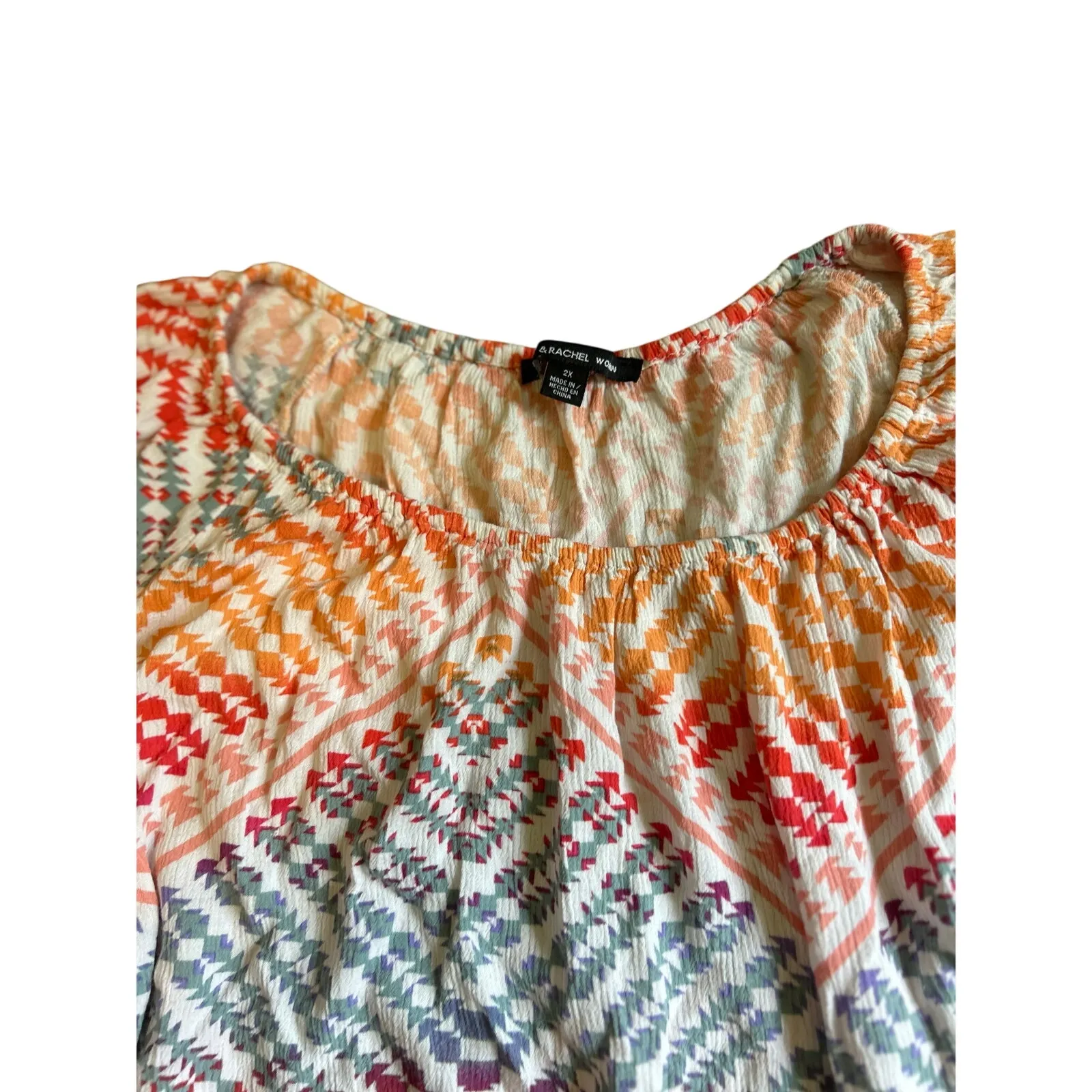 Zac & Rachel Boho Geometric Print Top Size 2X Colorful Indian Gauze Crochet Orange - Image 2