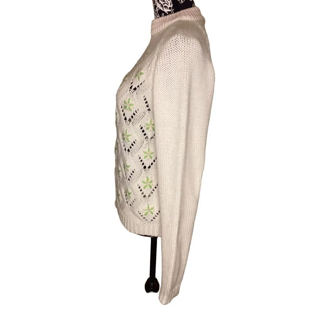 Open Knit High Collar Floral Granny Sweater Casual Everyday Grandma Green Size M - Image 3