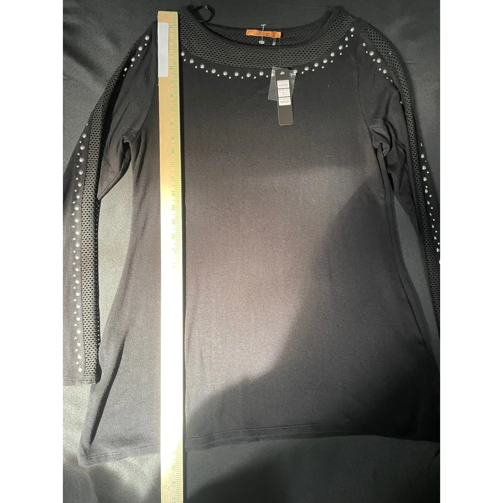 Womens Black Long Sleeve Studded Mesh Neck Embellished Tunic Top L Size L - Image 5