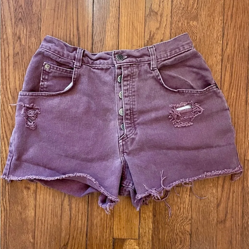 90s Vintage Bonjour Purple High Waist Button Fly Distressed Shorts Sz 26”/ 2 - Image 10