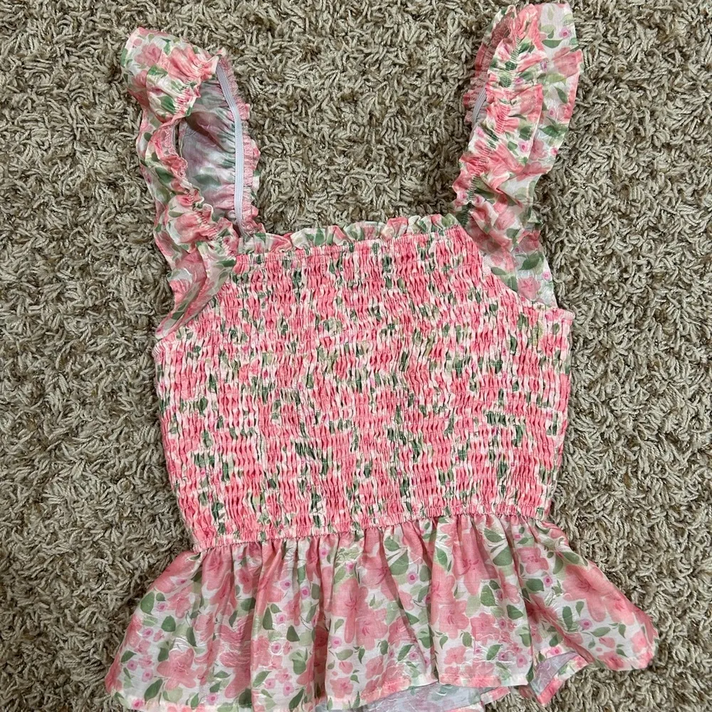Floral Smocked Pink Top with Ruffle Straps - Image 4