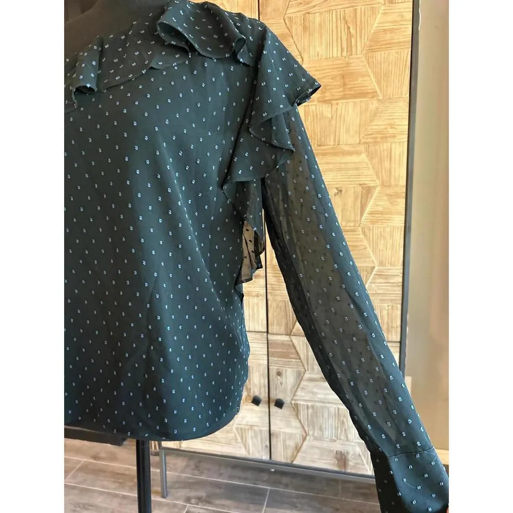 NWT Avec Les Filles Blouse Small Black One Shoulder Sheer Sleeve Ruffles - Image 3