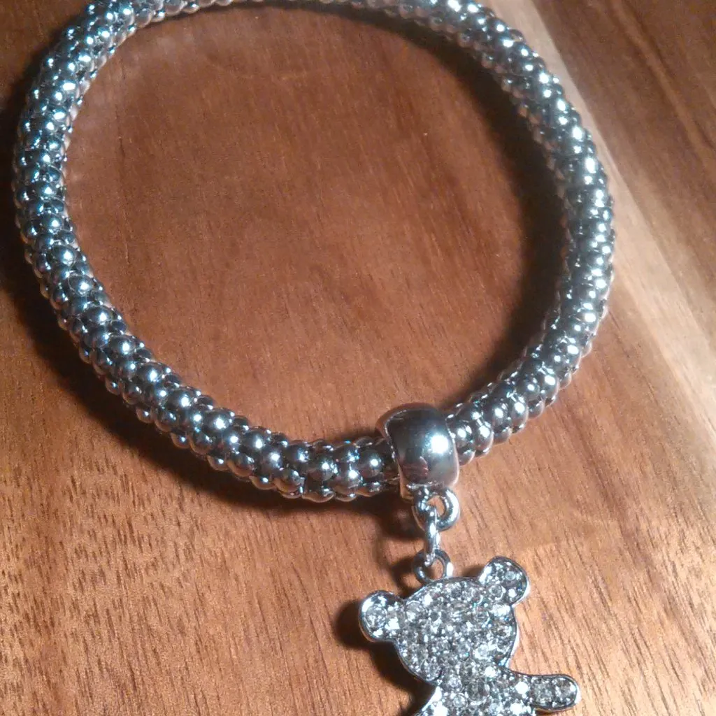 White Austrian Crystal Teddy Bear Silvertone Stretch Bracelet - Image 7