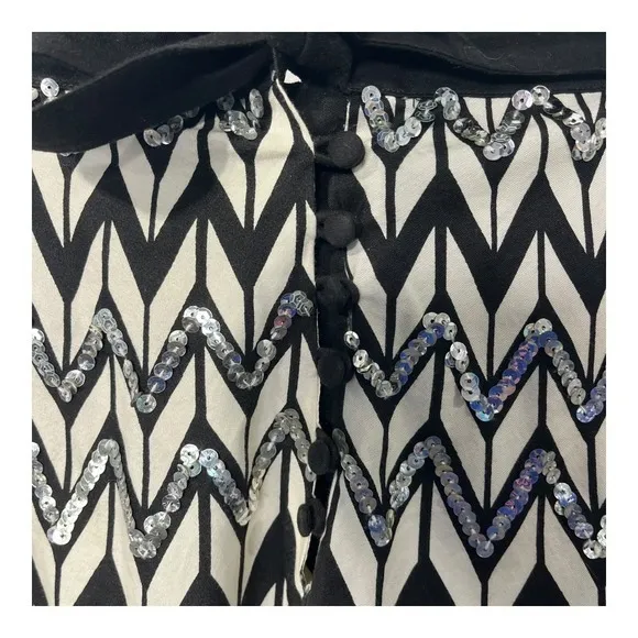 BCBGMAXAZRIA Sequin Skirt Black White Chevron Print Tie Waist Women Size Medium‎ - Image 4