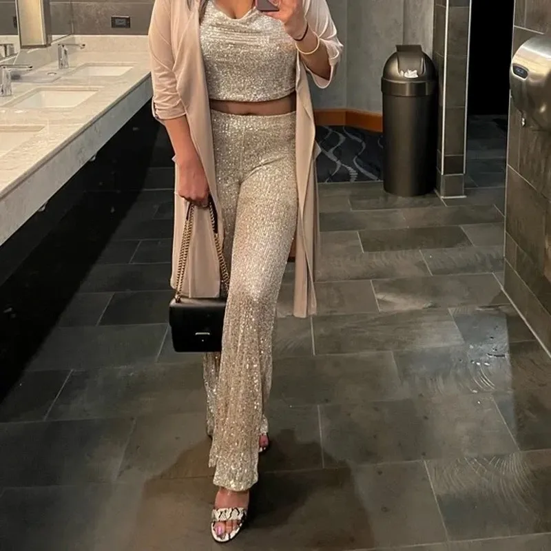 Wild Fable Mid Rise Wide Leg Silver Sequin Flare Pants Small Holiday NYE Glam - Image 2