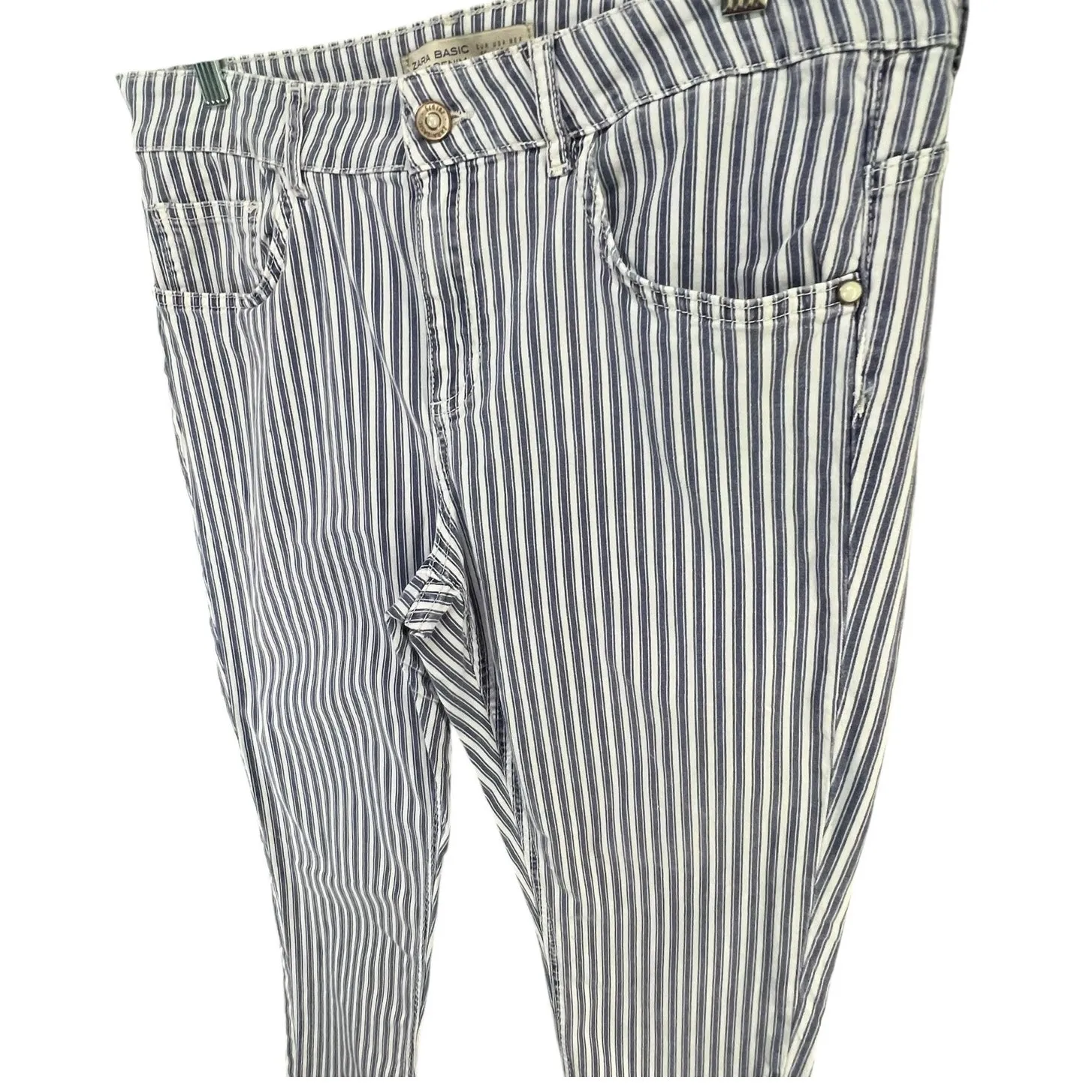 Zara Basic Z1975 Denim Jeans Women 12 Blue White Railroad Stripe Raw Hem Stretch - Image 3