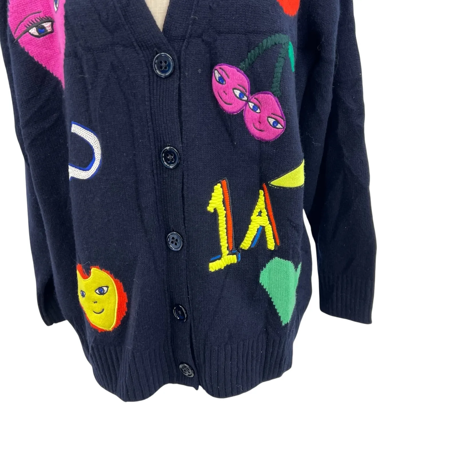 Maison Common Cardigan Sweater Fruit Print Navy Blue Merino Cashmere Size Medium - Image 4