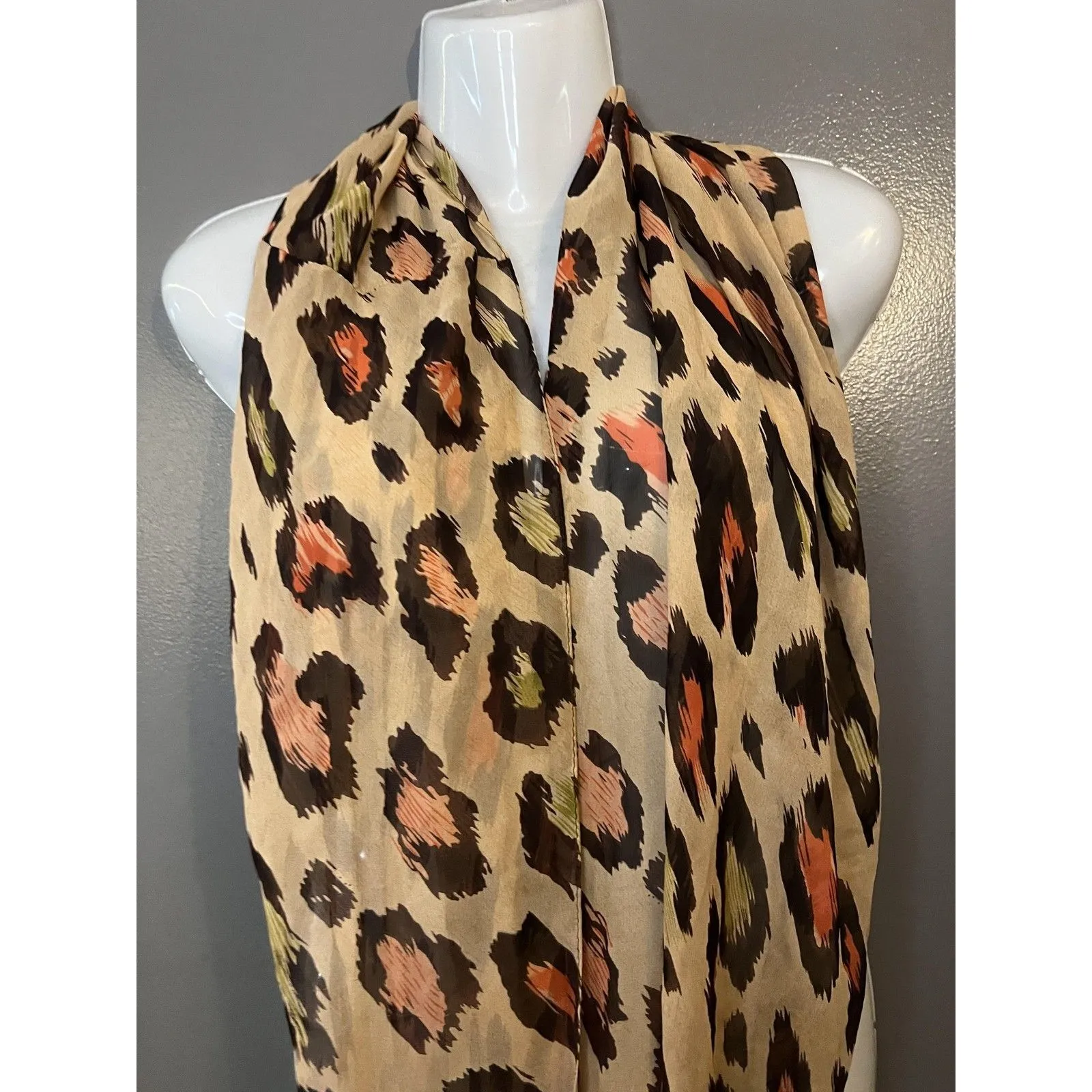 Leopard Print Scarf Womens One Size Beige Brown Orange Silk Blend Sheer - Image 2