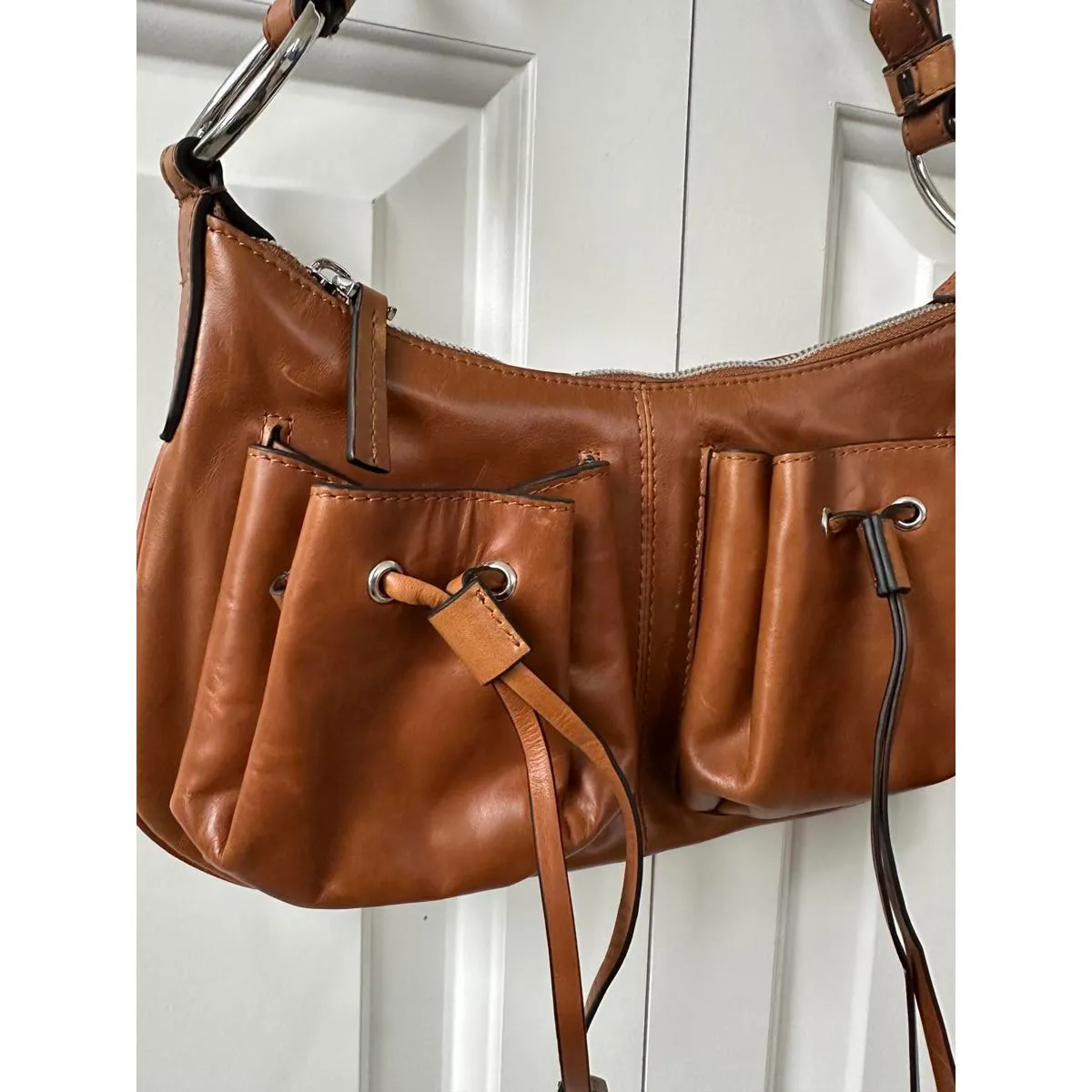 Mango Leather Shoulder Bag with Gathered Pockets & Charms NWT Brown - Image 7