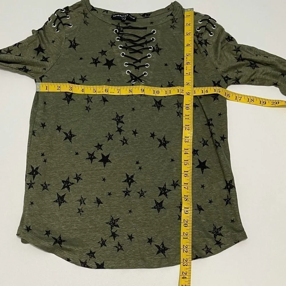 Generation Love‎ Valentina Long Sleeve Lace Up Tee Star Print Green Extra Small - Image 5