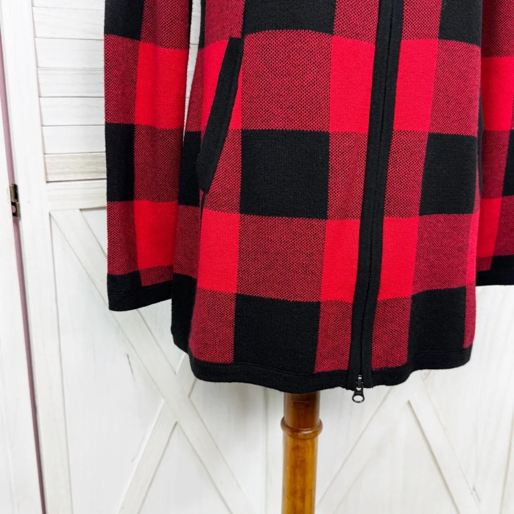Adrienne Vittadini Buffalo Check Mock Neck Tunic Cardigan Sweater Red Black - Image 7