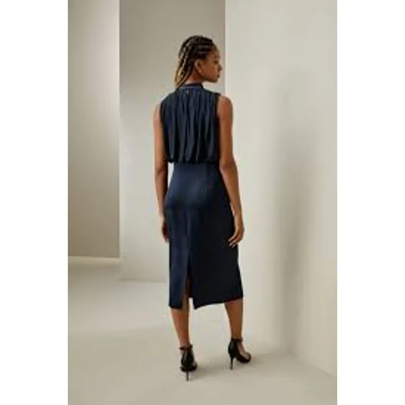 LILYSILK Pleated Sleeveless Silk Midi Dress Navy Blue NWT NWD Size 14 Mulberry - Image 2