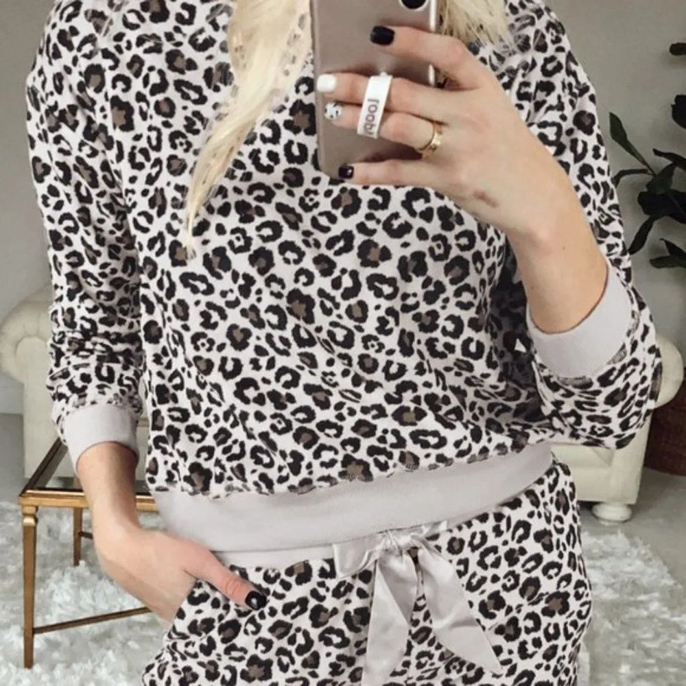 Gray Leopard Long Sleeve Shorts Lounge Set Black Size L - Image 4