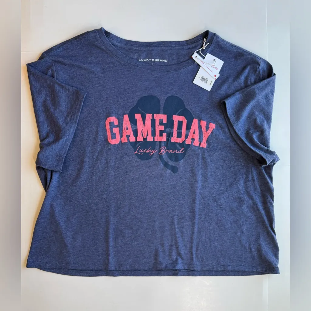 Lucky Brand Logo Game Day Cropped Short Sleeve Tee Heather Blue Size L NWT - Image 6