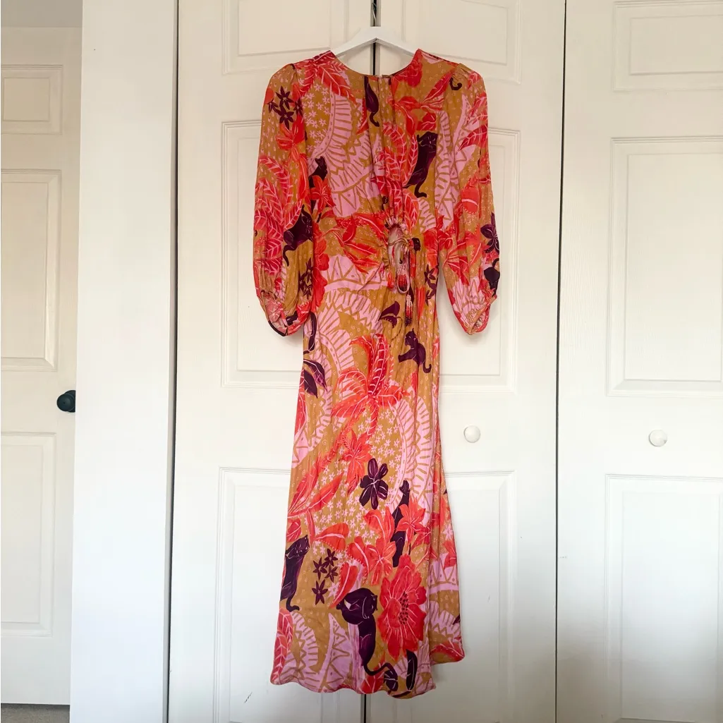 Farm Rio Puff-Sleeve Cutout Slip Dress Orange Purple Long Sleeve Panther Small - Image 5