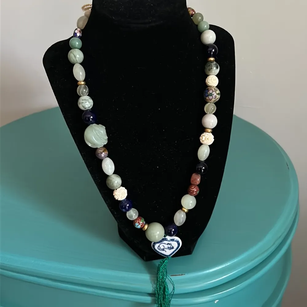 Year of the Rat Pendant Tassel Mixed Gemstone Glass Cloisonné Bead Necklace Green - Image 8