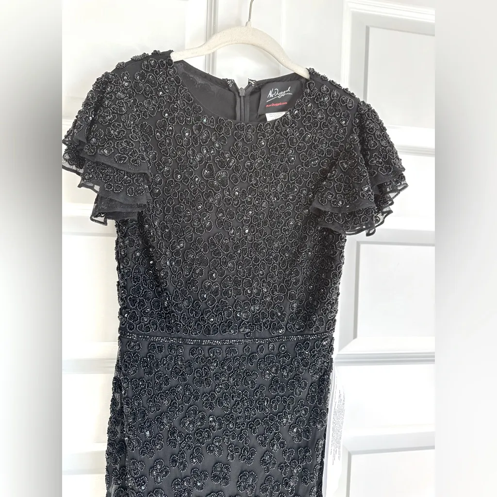 Mac Duggal 10771‎ Flounce Sleeve Floral Beaded Midi Dress Black- size  4 NwT - Image 5